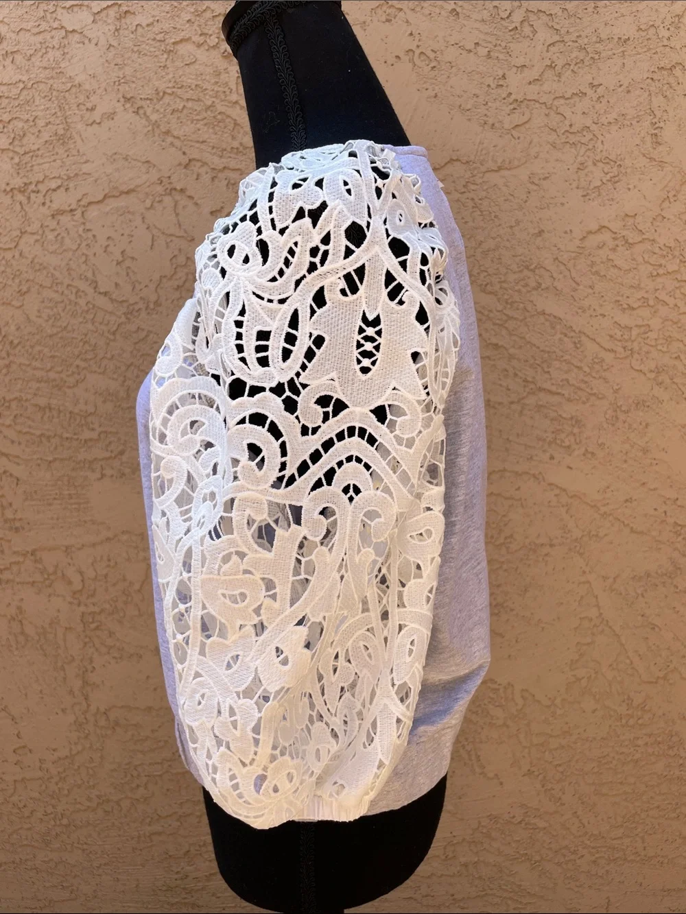 Anthropologie DOLAN Light Gray Top with White Lace Puff Sleeves